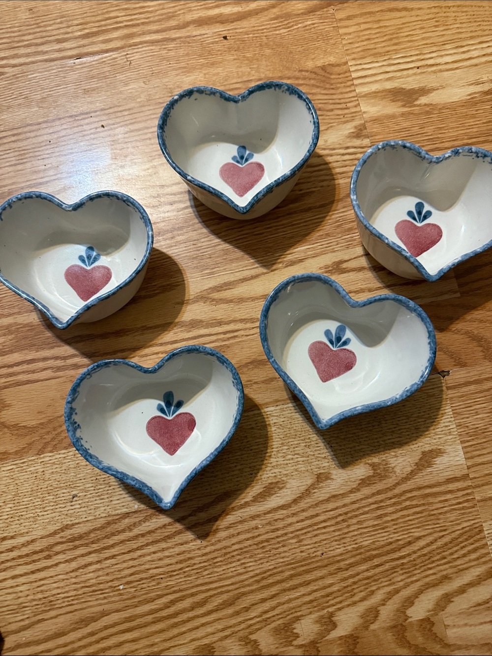 Vintage Heart Shaped Stonewear Bowls with Heart and Blue Trim